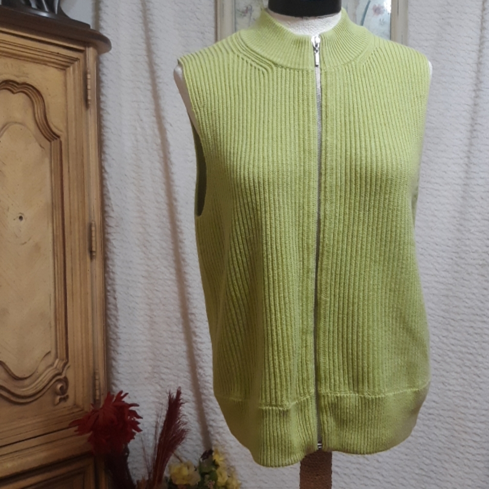Womens Green Knit Vest Sz Large Jacket Sweater Zip up Sleeveless B2 - Picture 4 of 8